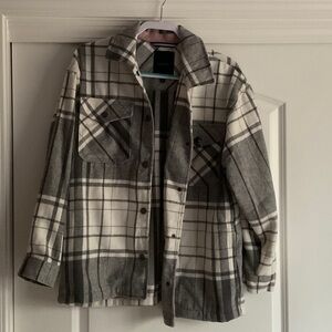 Nautica Gray and Cream Plaid Button-Up Shacket